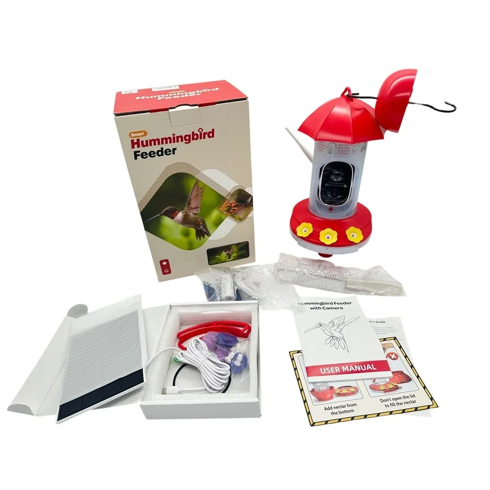 LongPlus Smart Hummingbird Feeder G01 Red Solar Powered Camera 20oz Ant Proof